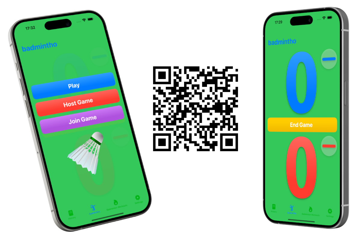 badmintho multiplayer view, download QR and iphone game view