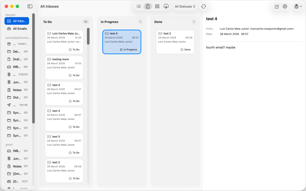 FlowMail, a Kanban email client for Mac, showing an inbox as a board with To Do, In Progress and Done columns, an email card selected and its contents in the reading pane