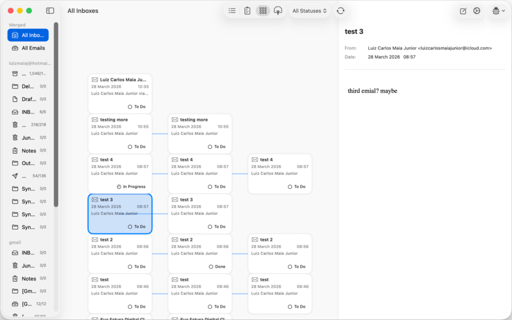 FlowMail on macOS showing a conversation graph, with email messages drawn as connected nodes and lines linking replies to the messages they answer