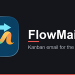 FlowMail share card — the FlowMail app icon beside the wordmark and the line “Kanban email for the Mac”, on a dark red8.io background