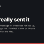 FlowMail share card — the FlowMail app icon beside its name, "New in 26.2" in red, the headline "Who really sent it" and the line "Verify reads a message for what does not add up, without opening a link. FlowMail is now on iPhone and iPad as well as the Mac.", on a near-black background