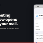 FlowMail 26.3 share card: the FlowMail app icon and name on a near-black background, the headline "Your meeting invite now opens right in your mail." and the line "At your hour, on iPhone, iPad and Mac." Beside it, an iPhone showing the invitation card for FlowMail Walkthrough: starts 24 Sep 2026 at 10:00, ends at 10:45, location Video call, organizer john@example.com.