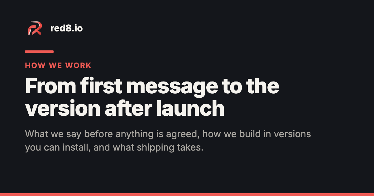 red8.io share card — the red8 mark beside the name red8.io, "How we work" in red, the headline "From first message to the version after launch" and the line "What we say before anything is agreed, how we build in versions you can install, and what shipping takes.", on a near-black background