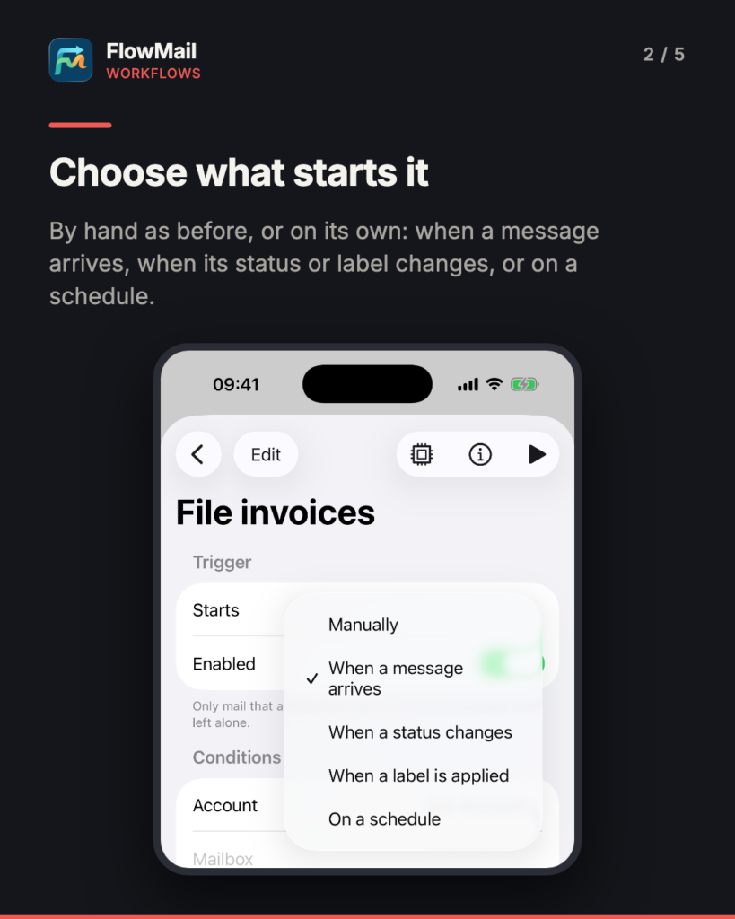 Headline "Choose what starts it". An iPhone screenshot of FlowMail's workflow editor for a workflow called File invoices, with the Starts menu open showing five choices: Manually, When a message arrives (ticked), When a status changes, When a label is applied, and On a schedule.