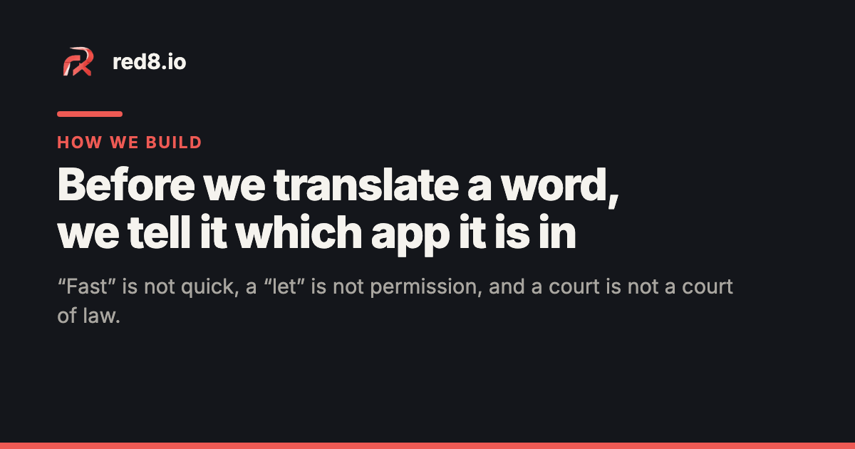 red8.io share card: the red8 mark beside the name red8.io, "How we build" in red, the headline "Before we translate a word, we tell it which app it is in" and the line "“Fast” is not quick, a “let” is not permission, and a court is not a court of law.", on a near-black background