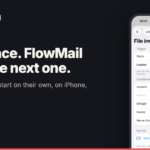 FlowMail 26.4 share card on a near-black background: the FlowMail app icon beside the name FlowMail and 26.4 in red, a red rule, the headline "Set it once. FlowMail sorts the next one." and the line "Workflows now start on their own, on iPhone, iPad and Mac." On the right, an iPhone showing a workflow called File invoices that starts when a message arrives, with conditions for sender billing@, subject Invoice and an attachment.