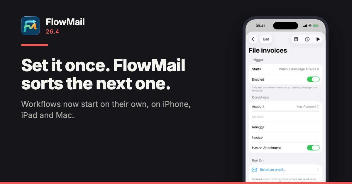 FlowMail 26.4 share card on a near-black background: the FlowMail app icon beside the name FlowMail and 26.4 in red, a red rule, the headline "Set it once. FlowMail sorts the next one." and the line "Workflows now start on their own, on iPhone, iPad and Mac." On the right, an iPhone showing a workflow called File invoices that starts when a message arrives, with conditions for sender billing@, subject Invoice and an attachment.