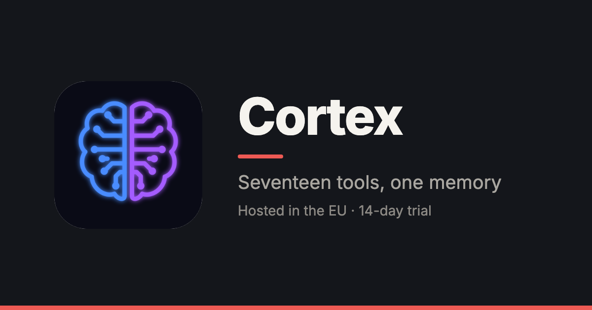 Cortex share card: the Cortex brain logo in blue and violet beside the name Cortex, the line "Seventeen tools, one memory" and "Hosted in the EU · 14-day trial", on a near-black background
