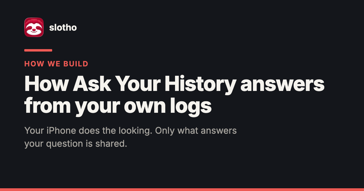Share card on a near-black background: the slotho sloth icon and wordmark, the red label How we build, the headline How Ask Your History answers from your own logs, and the line Your iPhone does the looking. Only what answers your question is shared.
